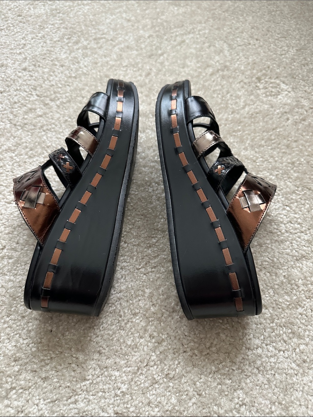 Donald J. Pliner Black and Brown Multi-Strap Wedge Slides - Picture 3 of 9